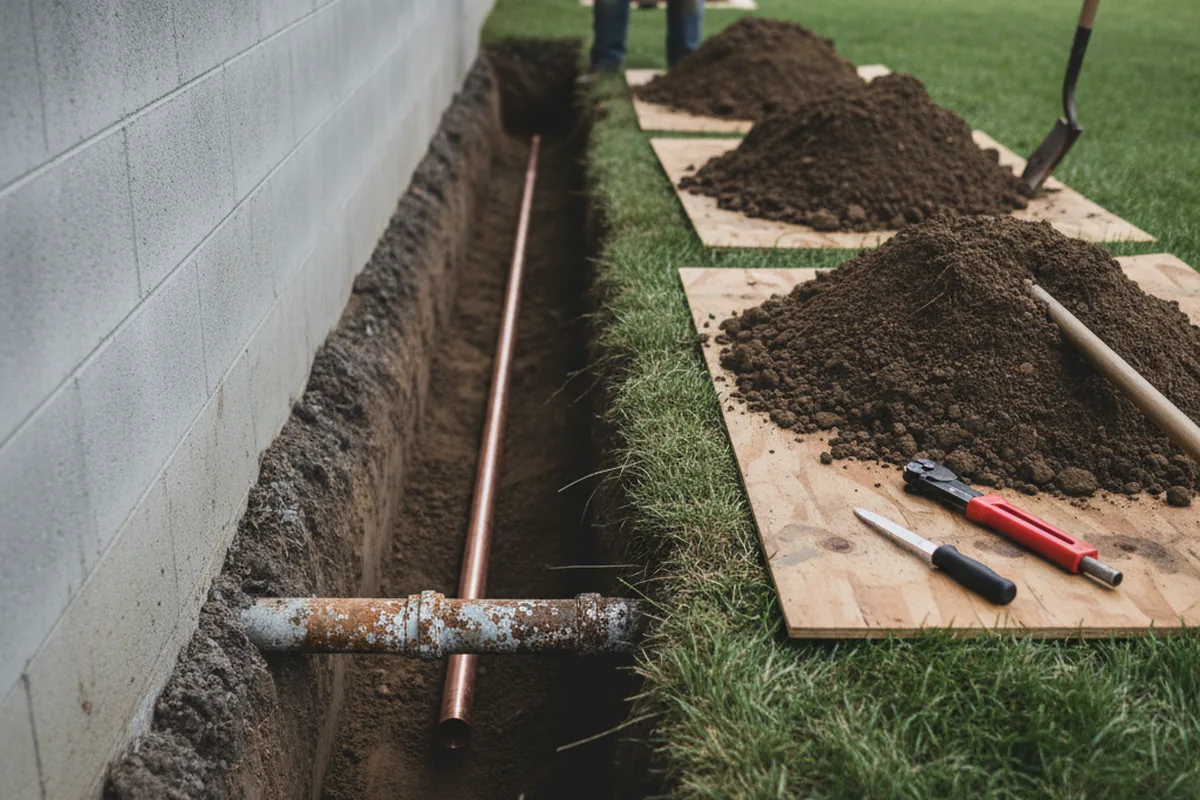 Excavated water line trench during Water Softener Installation in Millington